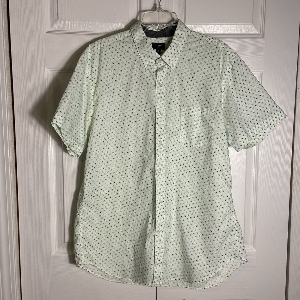J Crew Shirt Men XL White‎ Green Geometric Short Sleeve Button Up 100% Cotton
